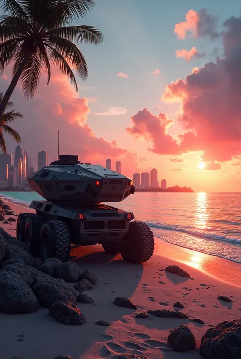  pink sunset in the middle of the city with the Bahamas in the background + armored vehicle in the background 