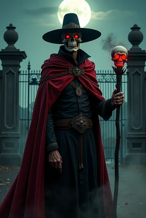 "A striking representation of Exu João Caveira, depicted as a spiritual guardian with a powerful aura. He wears traditional Exu attire, including a red and black cape, a wide-brimmed black hat, and a staff adorned with a small skull. His appearance is both...