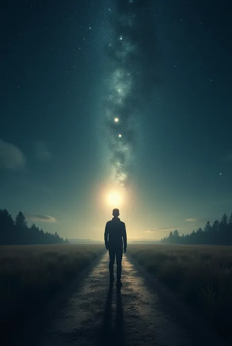 {
  "prompt": "A symbolic image showing the choice humanity faces regarding their evolution. In the foreground, a human figure stands at a crossroads, looking up at the stars, contemplating their future. In the background, a faint, glowing image of the Eme...