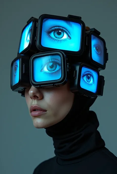 Epic scene, futuristic, surreal portrait featuring a woman whose face is partially obscured by an intricate, wearable sculpture made of multiple screens or monitors. Each monitor displays either a bright blue screen or a close-up of an eye, adding a sense ...