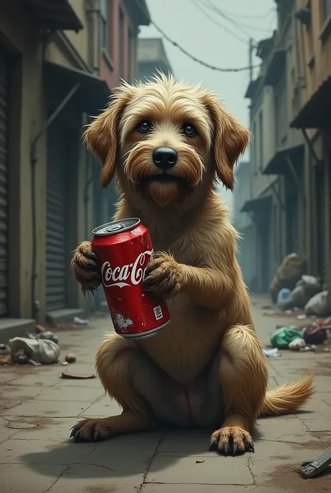 A slutty, homeless dog ,  holds a crumpled can of cocacola in its paws