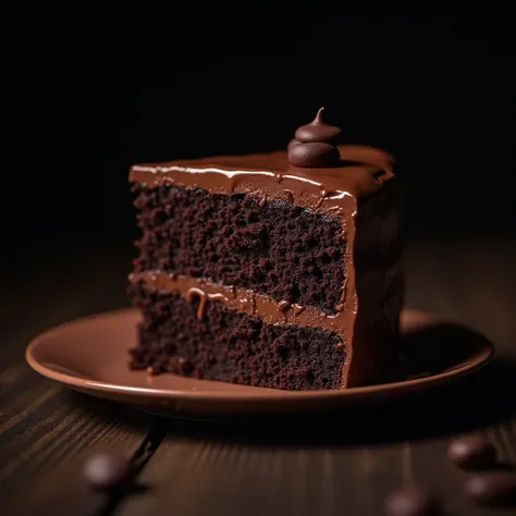 cinematic film still chocolate, chocolate cake, dark background, quality photo, moist texture, frosting, studio photo, slice . shallow depth of field, vignette, highly detailed, high budget, bokeh, cinemascope, moody, epic, gorgeous, film grain, grainy