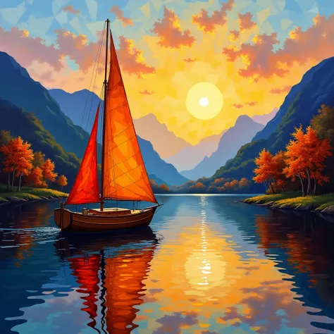 The image depicts a vibrant, artistic scene featuring a vintage wooden boat on a calm lake surrounded by dramatic mountain landscapes and colorful autumnal foliage. The composition is rich with warm and cool tones, creating a vivid interplay of color. The ...