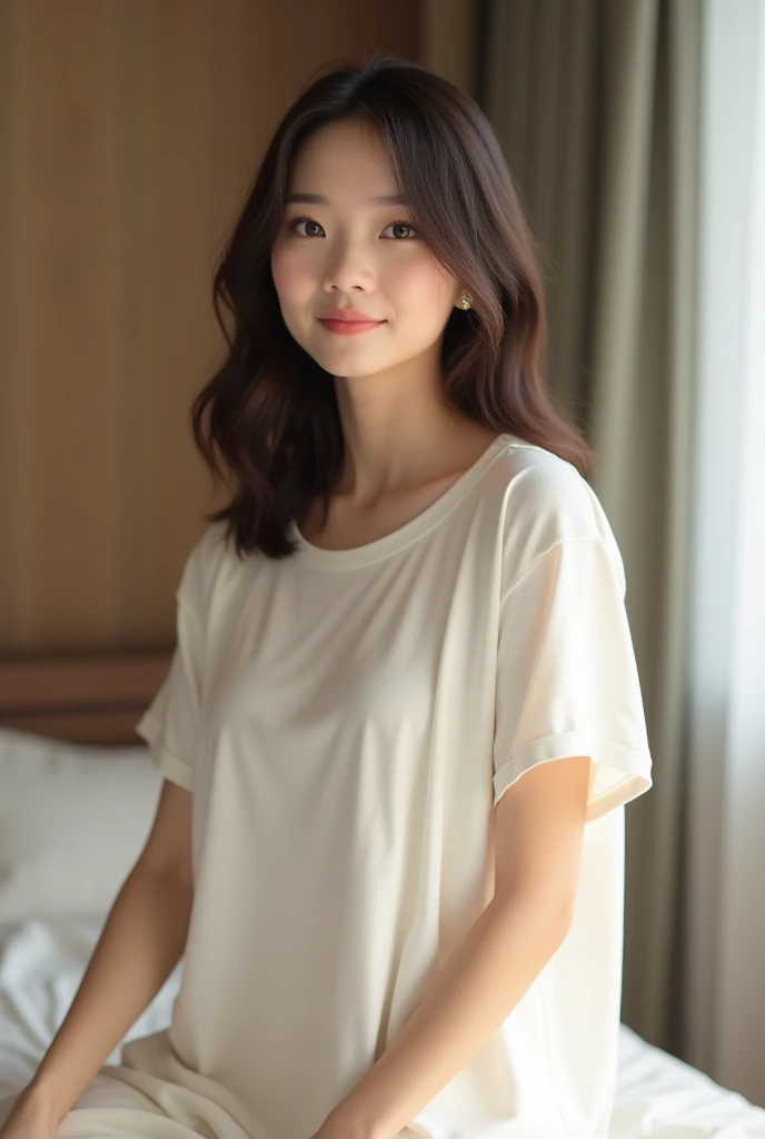  Asian girl with medium length hair wearing a short sleeve white cotton t-shirt (She wears it as a nightgown )  with a bust size 120 from Brazil 