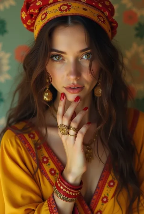  Create an image of a spinning dove wearing a yellow dress with red details.  Long and well-groomed hair ,  slightly wavy ,  bracelets with a headscarf and earrings ,  gold props that remind us of gypsies .  The image takes from the waist up and she is ver...