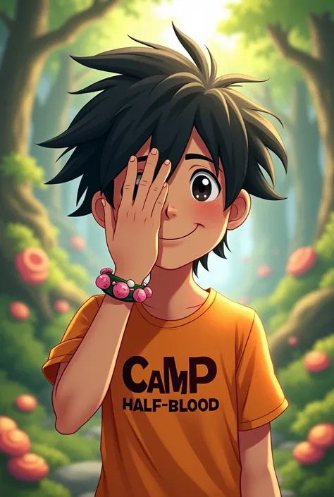 Teenage boy, black hair, smiling, wearing orange Tshirt with words "camp half-blood" designed on it, covering face with hand, wearing bracelet with pink rocks and shells, Ghibli art style