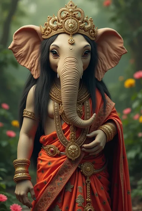 Female Humanoid Elephant wearing traditional lengha chuali with heavy jwellery with long hair 