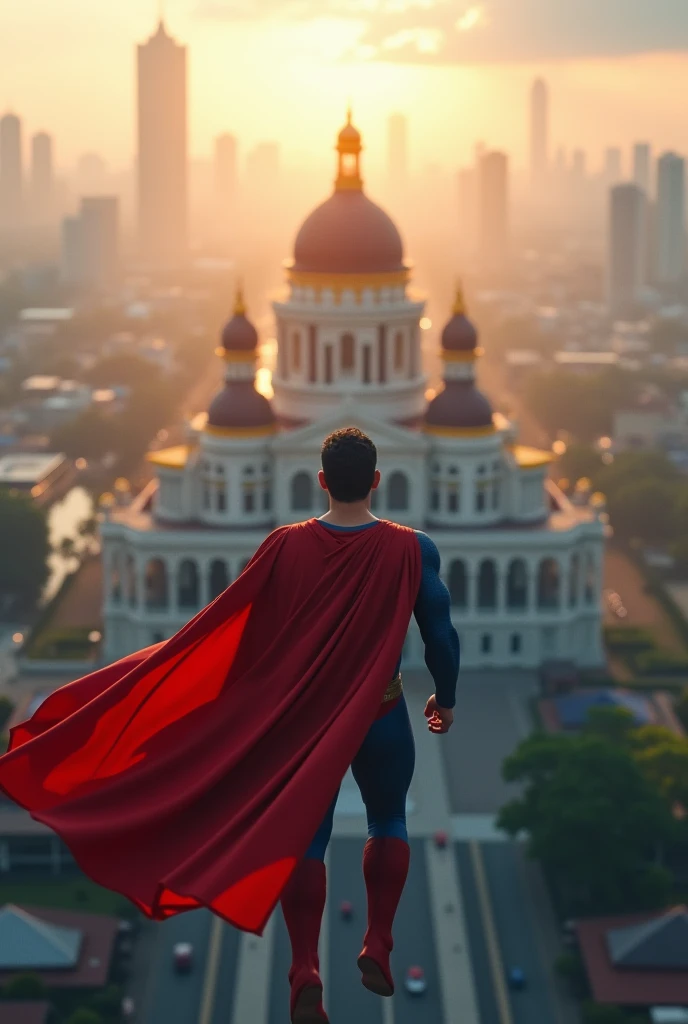 Make a video of Ai Superman flying towards Indonesias state palace