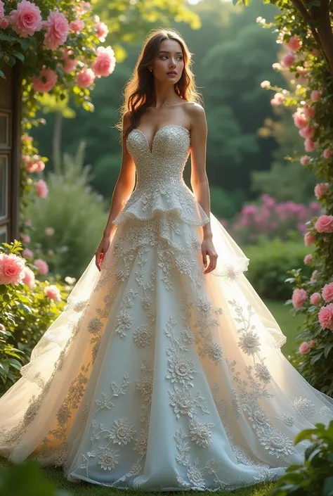 A stunning Wedding Dress, princess look, glitter Dress and flowers, in a garden posing, elegant, Photoshoot, luxury, beautiful, High detailed, 8k, very realistic 