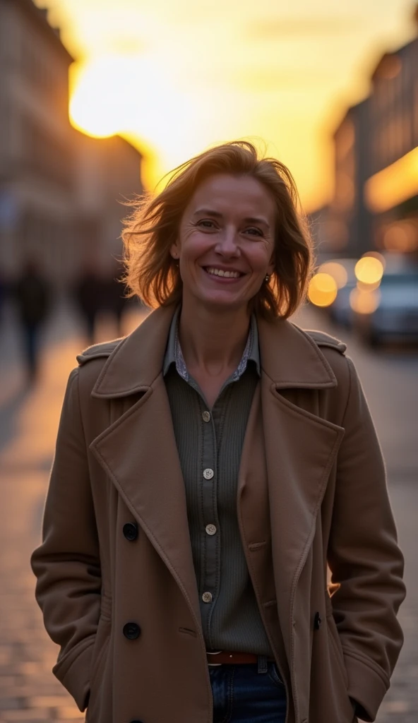 A 35-year-old woman with a gentle smile, wearing a wool coat, walking in a quiet street at sunset.