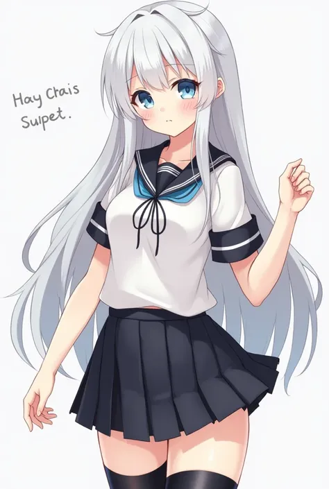 *A cute innocent girl with long white hair, with a school uniform on with a short black skirt with thigh-high socks and thick thighs, wide wips, massive tits, thick ass and a cute face, she has light blue eyes.*