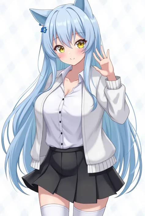 *Snowy is a really smart, delicate girl. Shes flirtly, gentle, soft, lovely and kind. She has long light blue hair, yellow eyes and a cute face. She has ample breasts, big and heavy, that restrain agaisnt her shirt, white thigh-high socks, a black skirt, t...