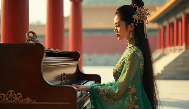 A serene Chinese woman sits in the heart of the Forbidden City, her silhouette framed by the grand, ancient architecture of vermilion walls and golden roofs. She sits before an antique piano of wood and ivory, her delicate hands gliding elegantly across th...