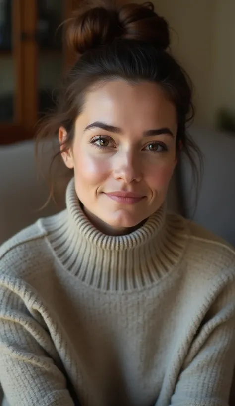 A 38-year-old woman with a neat bun and clear skin, wearing a turtle-neck sweater, sitting on a couch with soft lighting.