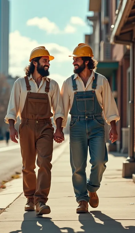 happy man, wearing bricklayer clothes ,  happily walking on a sidewalk next to Jesus. it&#39;s day,  clouds in the sky , Real photo.