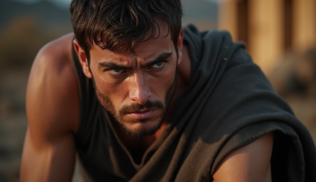  A close up of the face of a 25-year-old man with short brown hair ,  brown eyes and fair skin .  He has striking features and a serious expression . Wearing a dark tunic , placing an agricultural tool on the ground, your expression a mix of disdain and an...