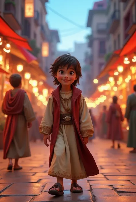  A bustling city with lots of lights ,  people talking and colorful market stalls .  The youngest  ,  amazed ,  walks around the city center ,  wearing new clothes and smiling . disney pixar style,  with vibrant details and characters with charismatic and ...