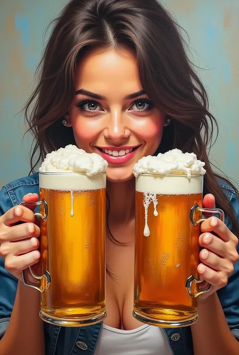 Painted girl with beer in two hands 