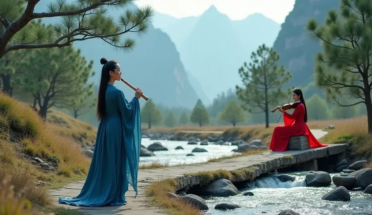 In a remote valley nestled among the towering peaks of the Yunnan Province, two women stand amidst the serene landscape, each lost in the music they create.

On a winding path by a rushing stream, a woman in a flowing indigo robe holds a delicate bamboo fl...