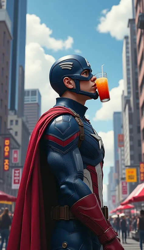 Captain America drinking juice in the city.