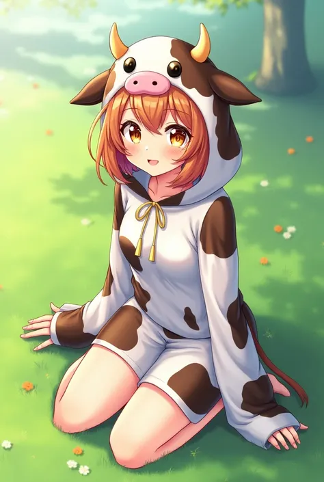 Too much exposure　 bob hair　 bright brown hair 　yellow eyes
anime　 cow cosplay on the grass　woman　 sit with your legs open