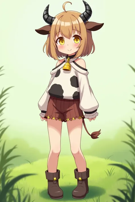  cow cosplay on the grass　anime　Black Ear　Black Horn　Yellow Eyes　 light brown hair 　 bob hair　 M-shaped leg opening　collar and bell 　 boots　　No hat　Shoulder Bare　 shorts