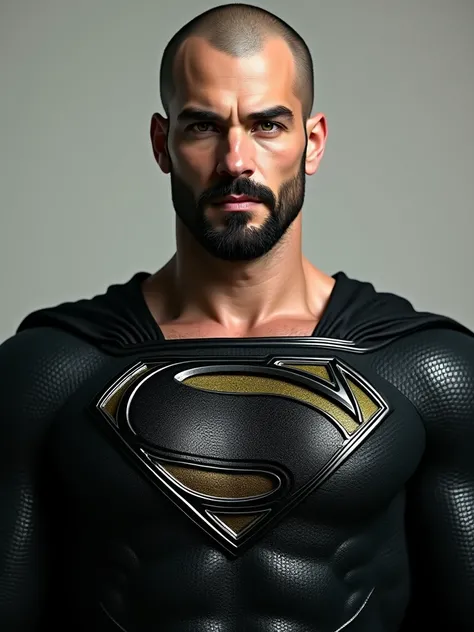 Generate a high quality realistic picture of black suit of the man of steel superman version, replacing the "S" symbol with a very creative "G" letter to be fitted in the same diomend shape logo, clean shaved bald head, very neat trimmed black beard, serio...