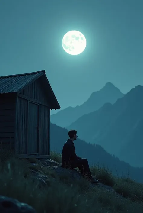  men,1 person,Sit in front of a small wooden house on the mountain,, at night, the full moon was shining., sitting waiting for someone , sitting alone , thinking about someone 