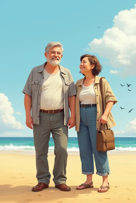 Create an image of a 60-year-old man , of 1, 70 cm tall with black hair with light gray hair next to a 60-year-old woman , of 1, 70 cm tall and brown hair on a beach without cliffs and yellow sand 