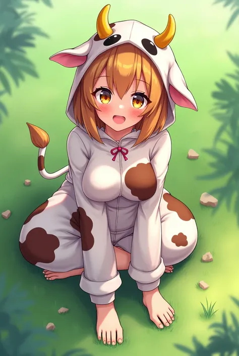 Too much exposure　 bob hair　 bright brown hair 　yellow eyes
anime　 cow cosplay on the grass　woman　 sit with your legs open