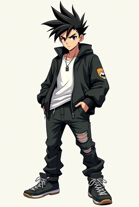 A guy with spike hair and standing like a badass person and his both hand on his pocket anime