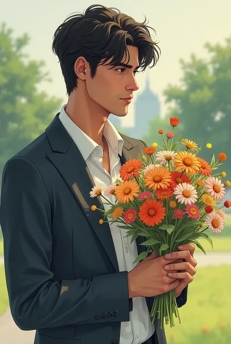  The model is a dark skinned manhwa man, he is at a park and is holding a wilting bouquet of flowers, he is disheveled and bashful. {{{best quality}}}, {1man}, depth of field, {game cg},angular face, adult, watercolor on paper, {{{{{{2024 manhwa style}}}}}...