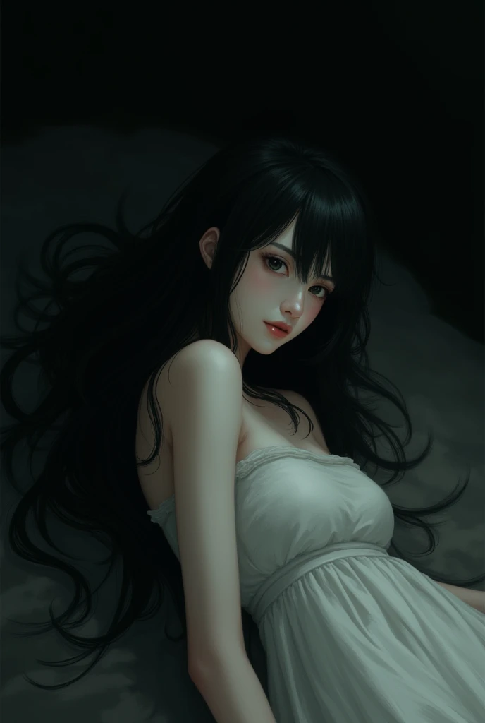 The body of a girl with long black hair wearing a covered dress lying on one side with her eyes open only visible in the middle with a black background