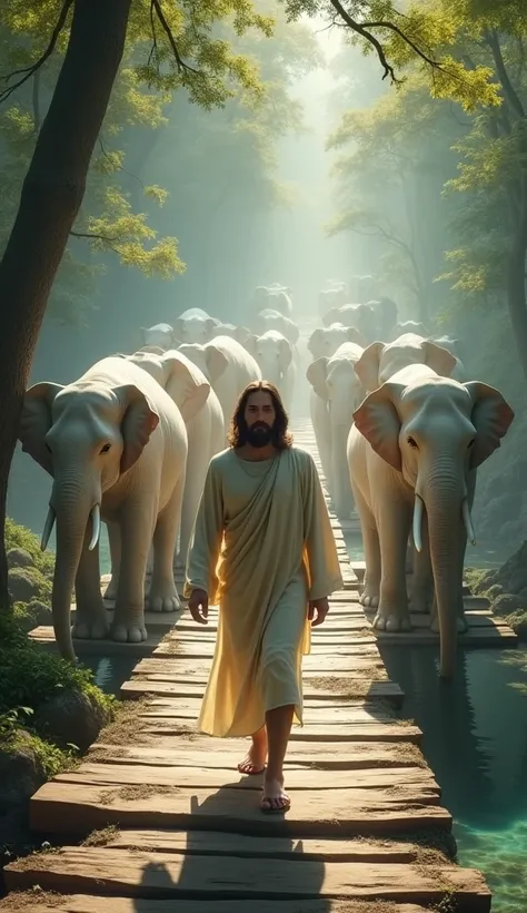 Jesus walking on a dirt footbridge and white elephants making a corridor for him to pass