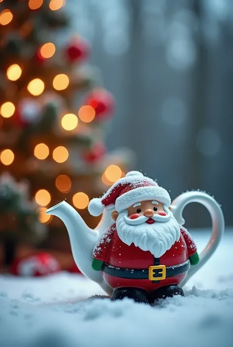 white teapot with Santa Claus image, stands on snow near decorated Christmas tree
v.2.0