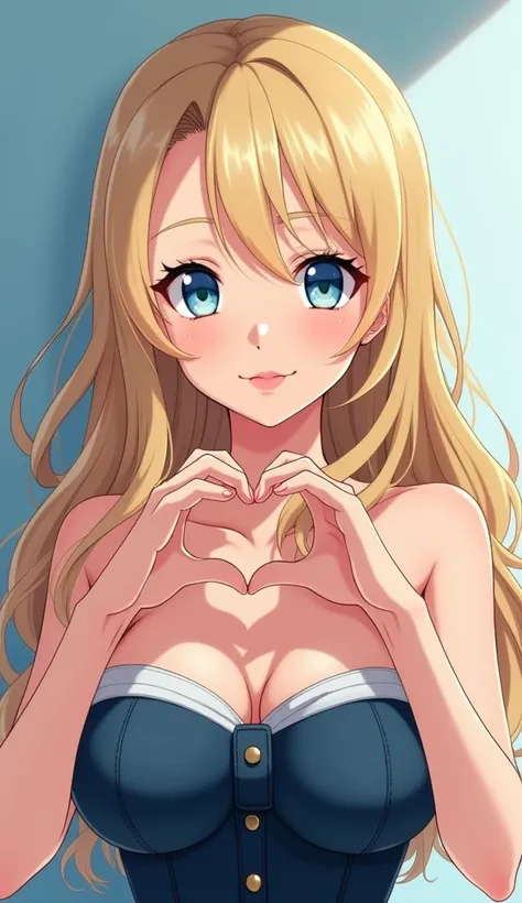    The anime manga image is a close up of a young Caucasian woman with gigantic breasts and long wavy blonde hair that falls on her shoulders and part of her chest.    She has a fringe that falls on her forehead   .  Her eyes are light blue and she wears a...