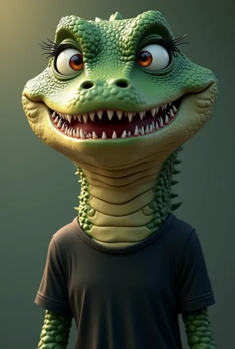 Close up view of mouth,Hotel Transylvania style, cartoon, 3d, extreme detailed scales, big upper body, small lower body, Cute simple drawing style, Anthro muscular thin tall long crocodile , looking at viewer, , black baggy t-shirt , soft friendly happy fu...