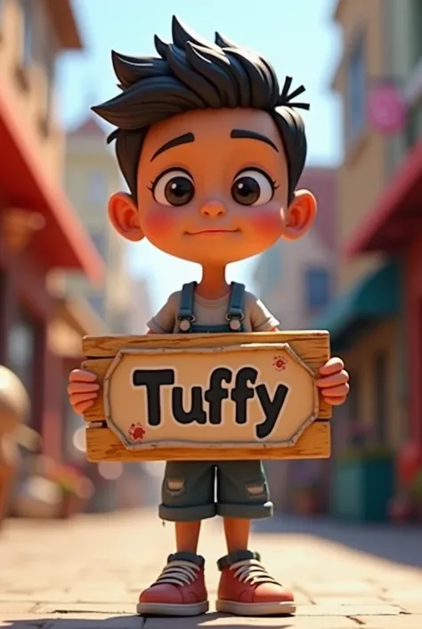 Make an animated figure on this boy with a sign in his hand that says Tuffy on it