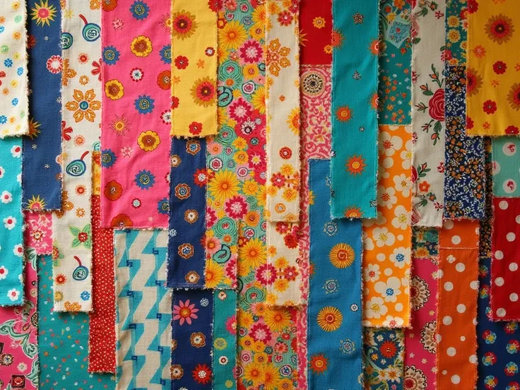 Collage scraps of quilts with different patterns and bright colors