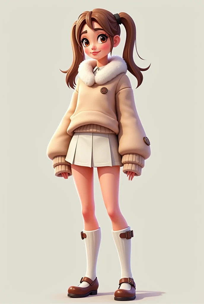 create a fortnite skin with light brown pigtails soft makeup, white skirt, sweater with fur on it, leg warmers and mary Jane shoes