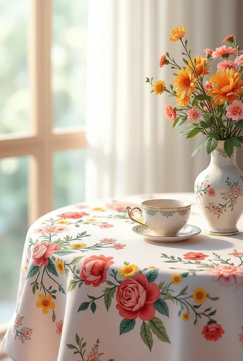 Can you create a drawing of an embroidered tablecloth with small flowers and so on?