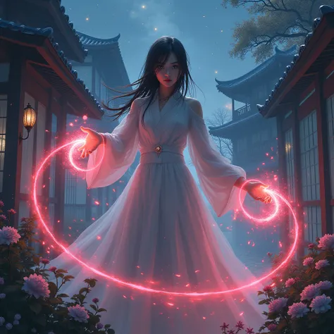 until,  digital illustration ,  highly detailed ,  tongue ,  an unrealistic illustration ,  digital painting ;  the scene presents a powerful spectral sorceress in action ,  a 20-year-old Japanese woman ,  Ghostly appearance is at the same time scary and f...