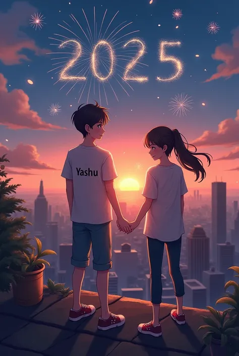 A celebrate happy new year 2025  on the roof  of the house and me 18 year old and best wishes on My tshirt an my name yashu  added and smile 