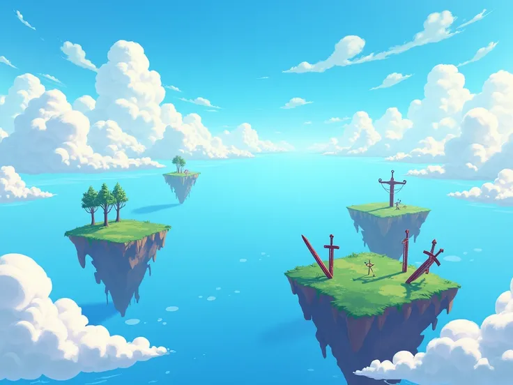 Create a full image with all borders filled image for a Roblox battlegrounds game icon. The scene should depict a sky with clouds and floating islands. Incorporate hidden swords on the islands to be collected by players. The overall style should be vibrant...