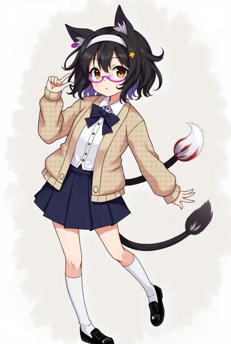 Character ("Kora")
Gender ("Woman")
Age ("s")
Height ("162cm") 
appearance ("jet-black hair in a somewhat messy butterfly cut, fair skin with blemishes, amber eyes, she wears lilac glasses, a headband with cat ears, bat earrings, she wears a patterned card...