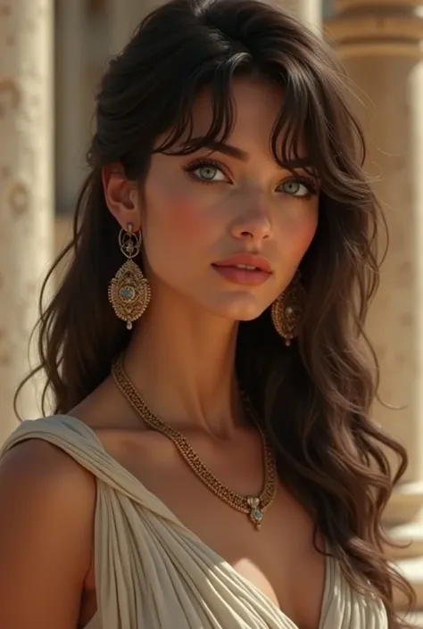  Create an image of a 25-year-old woman , dark brown hair with white highlights on the big side bangs, blue-green eyes,  tanned skin , Mediterranean woman lives in ancient Greece 