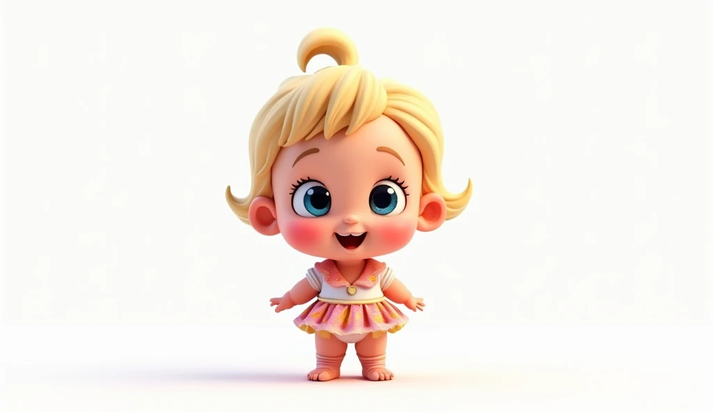 a cute baby girl  4D style cartoom, outfit, blonde hair, blue eyes Pixar standing, white background