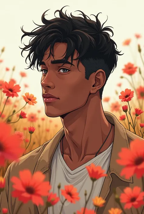 The model is a dark skinned manhwa man, he is in a flower field, he is disheveled and bashful. {{{best quality}}}, {1man}, depth of field, {game cg},angular face, adult, watercolor on paper, {{{{{{2024 manhwa style}}}}}}, beautiful, sexy, {{{{perfect eyes}...