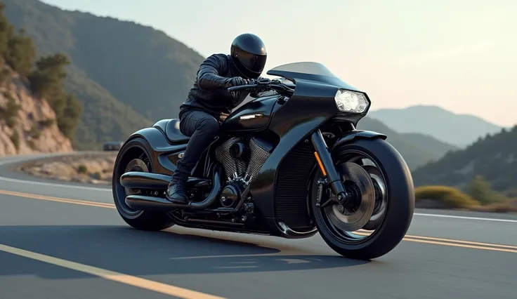 Create highly realistic image of ( 2025 Harley Davidson VR2 ) cornering at high speed.highway  showing power performance and handling agility