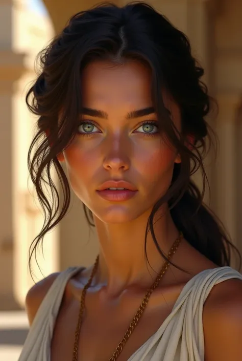  Create an image of a 25-year-old woman , dark brown hair with all white highlights on the bangs on the side, blue-green eyes,  tanned skin , Mediterranean woman lives in ancient Greece 